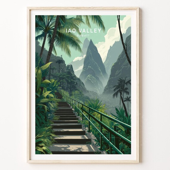 Iao Valley Hawaii Travel Poster Stone Stairs Tropical Jungle Mountain