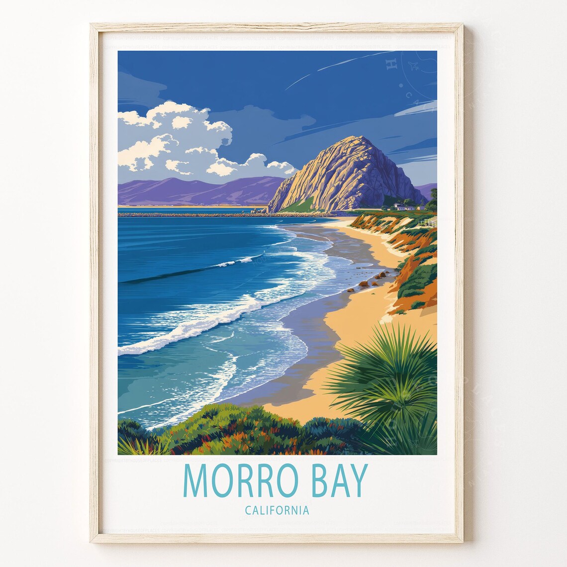 Morro Bay California Morro Rock Shore Palm Retro Coast Travel Poster