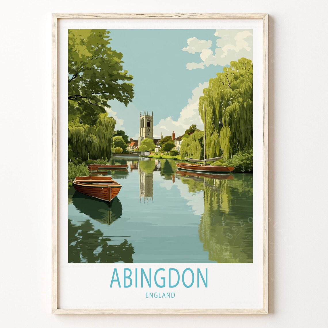 Abingdon England Travel Poster River Rowboats Church Tower Art