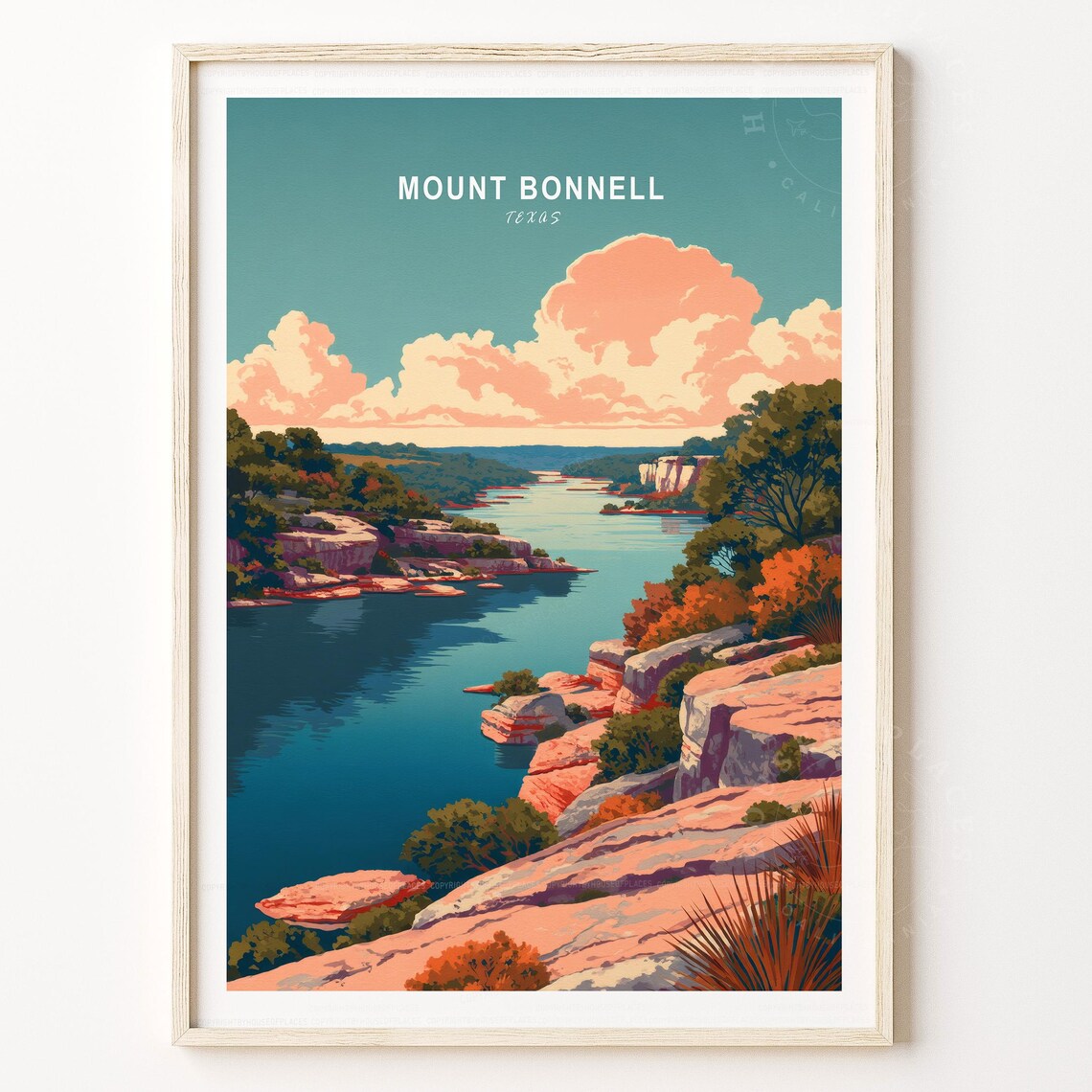 Mount Bonnell Texas Lake Bluff Sunset Vista Vintage Travel Poster