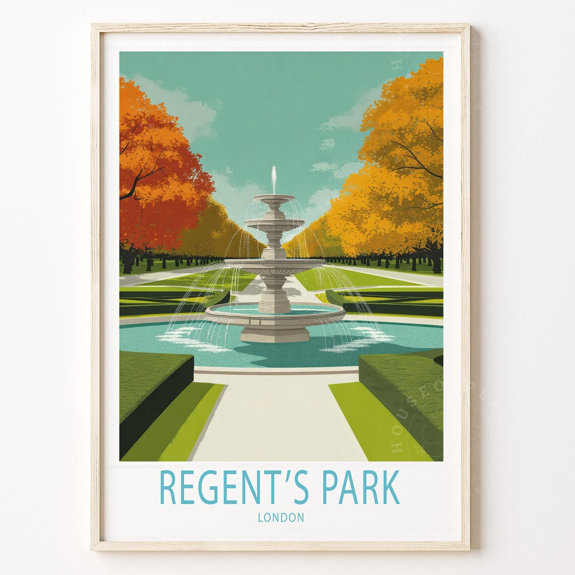 Regents Park London Autumn Fountain Garden Vintage Travel Poster