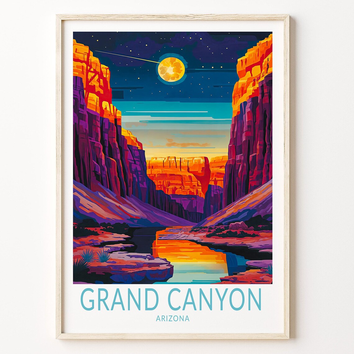 Grand Canyon Moonlit Night River Canyon Retro Travel Poster Art