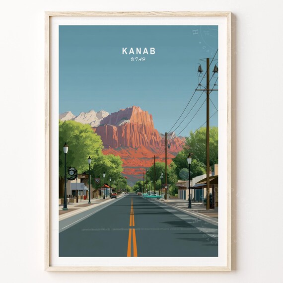 Kanab Utah Travel Poster Main Street Red Rock Cliffs Desert Town