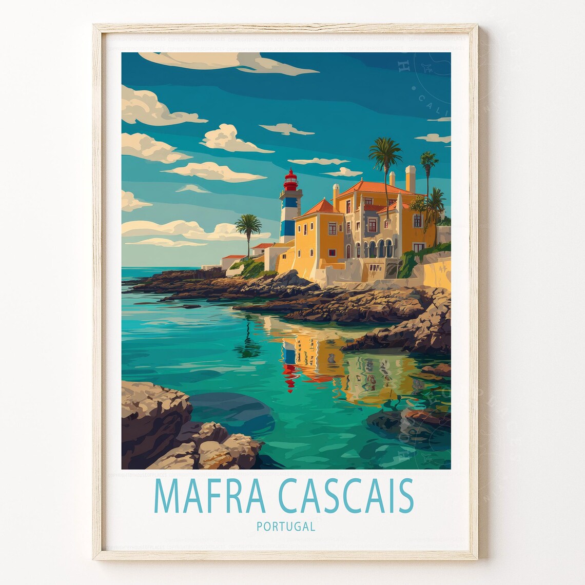 Mafra Cascais Portugal Travel Poster Lighthouse Coast Vintage Art