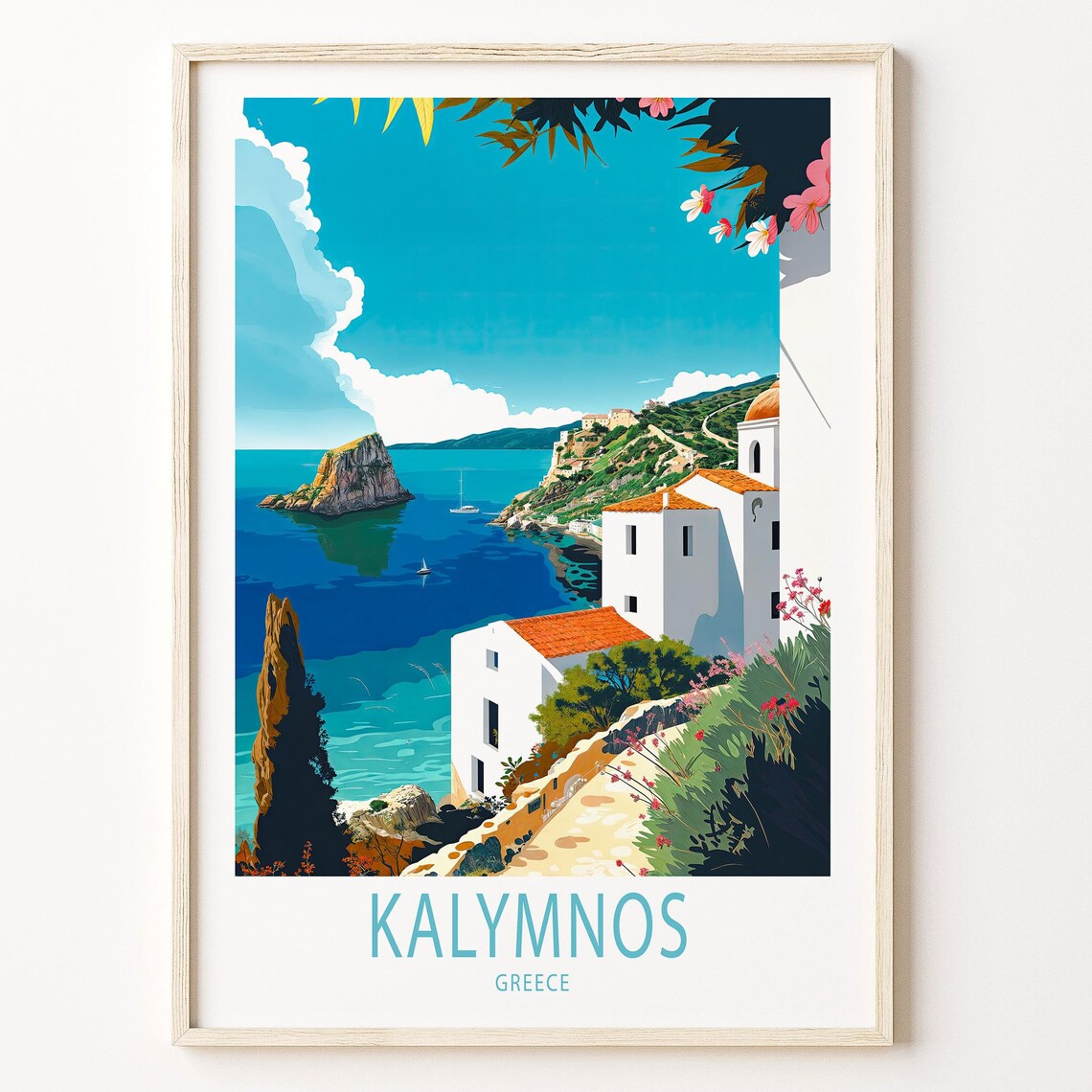 Kalymnos Greece Coastal Travel Poster White Church on Cliff Over Bay