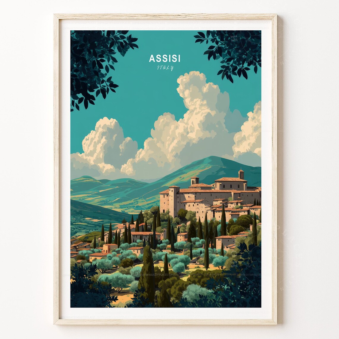 Assisi Italy Teal Sky Hilltop Italian Village Retro Travel Poster