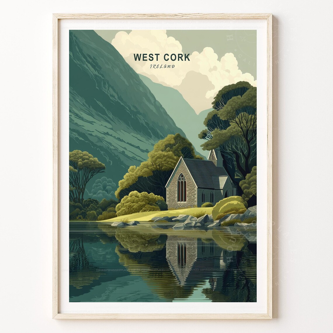 West Cork Ireland Vintage Lakeside Chapel Mountain Travel Poster