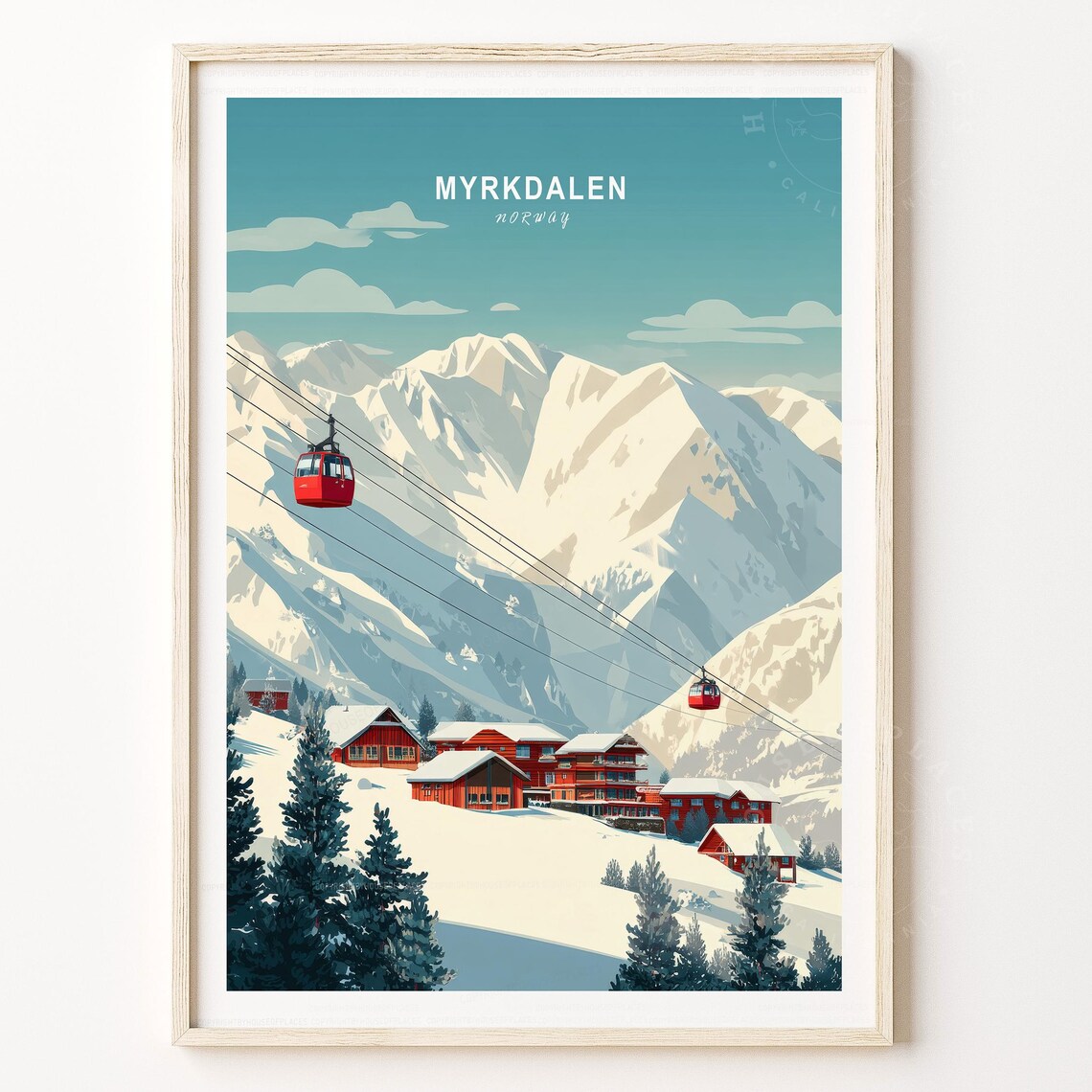 Myrkdalen Norway Travel Poster Snowy Peaks Red Cabins Gift Decor