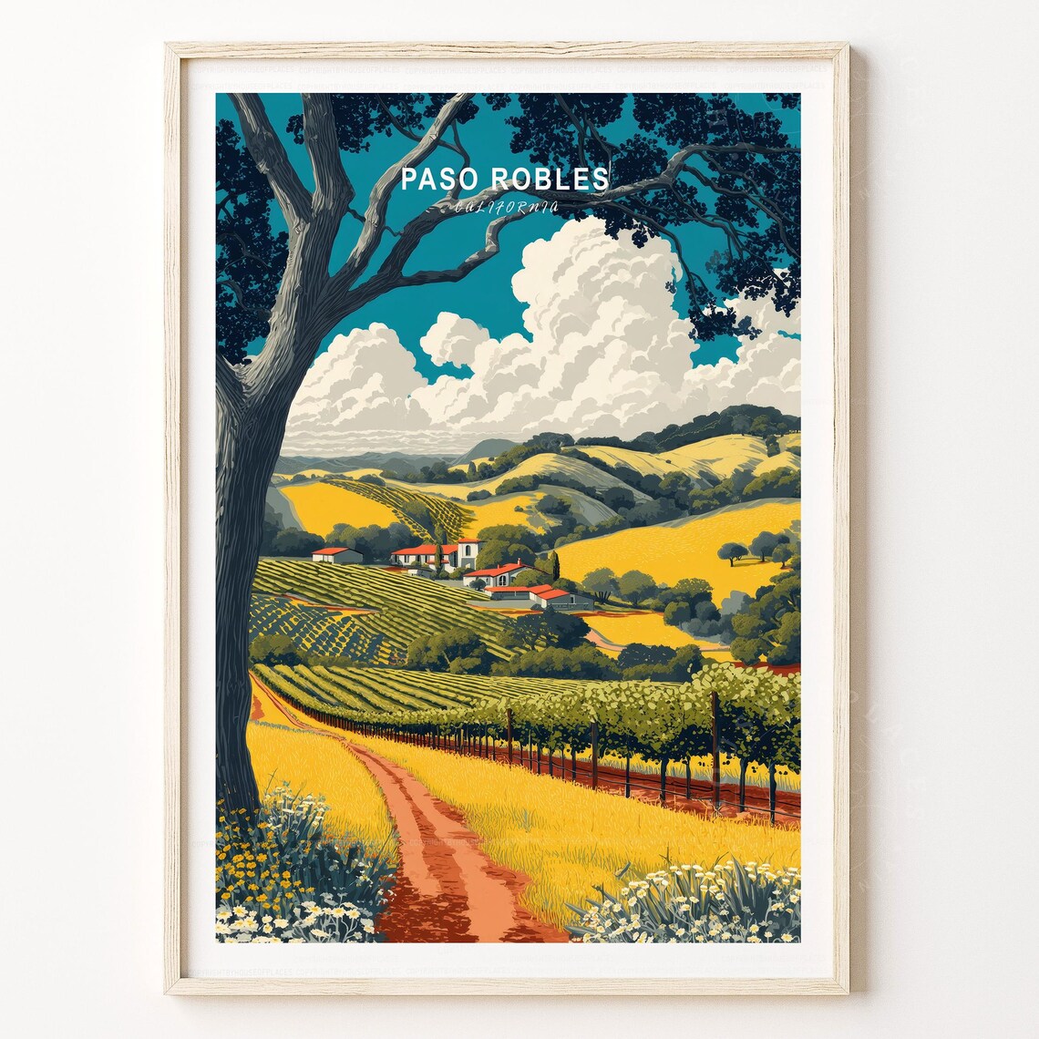 Paso Robles California Vineyard Poster Oak Tree Golden Hills Scene Art