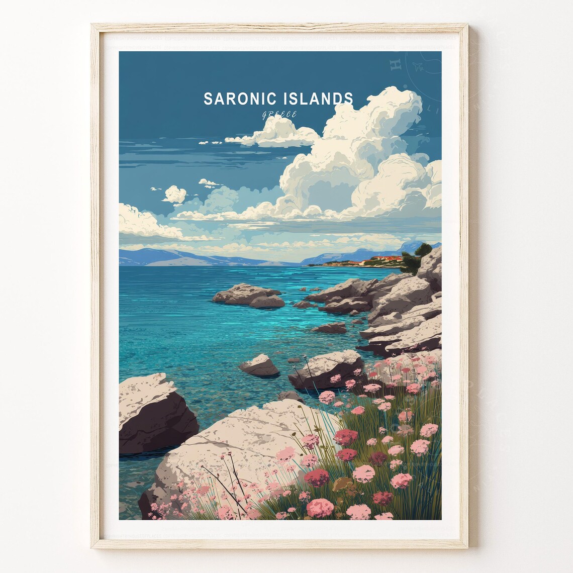 Saronic Islands Greece Wildflower Shore Vintage Aegean Travel Poster