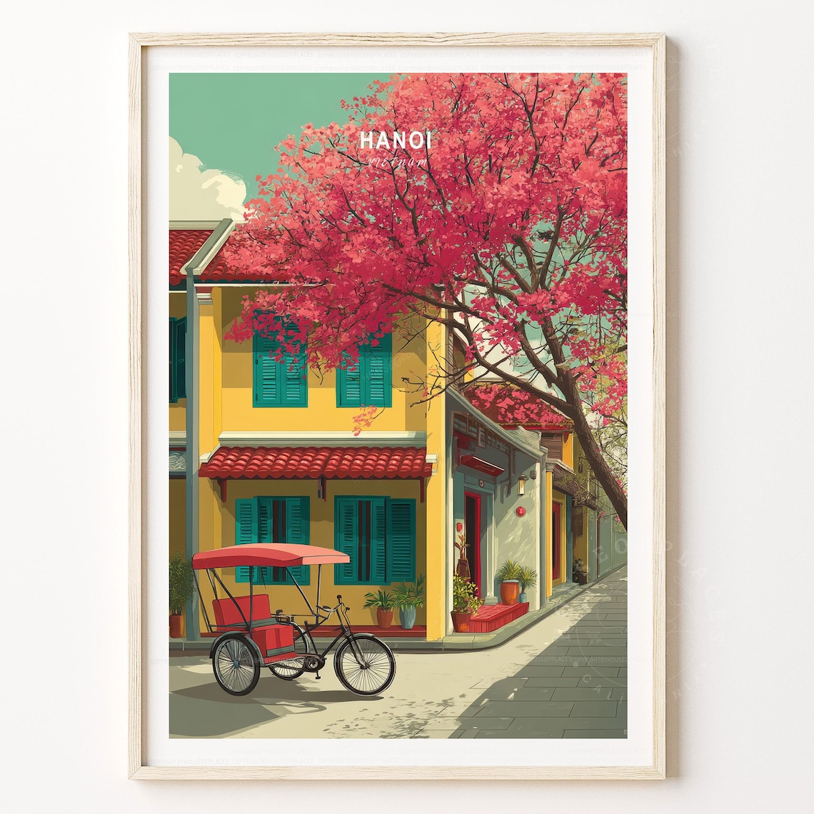 Hanoi Vietnam Cyclo Blossom Tree Old Quarter Street Travel Poster