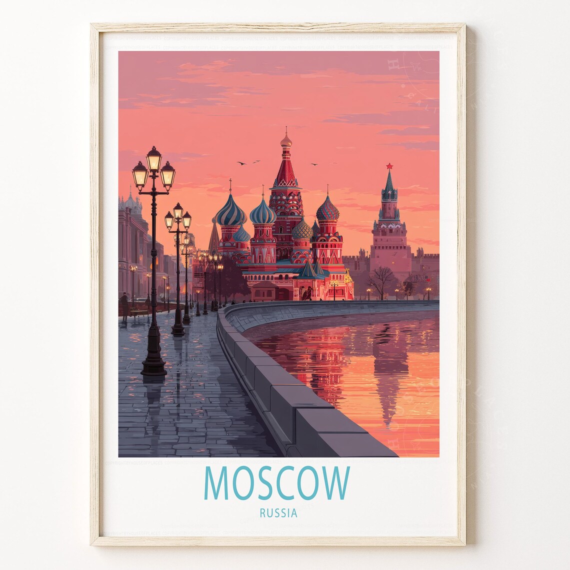 Moscow Russia Travel Poster St Basils Cathedral River Sunset Glow