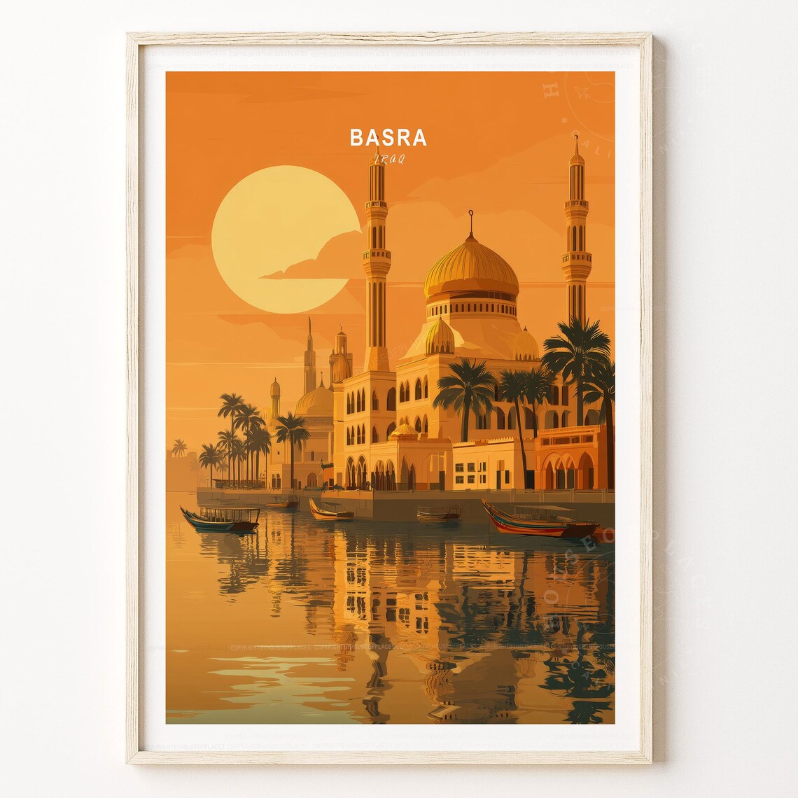 Basra Iraq Travel Poster Pink Sunset Mosque Water Reflection Decor