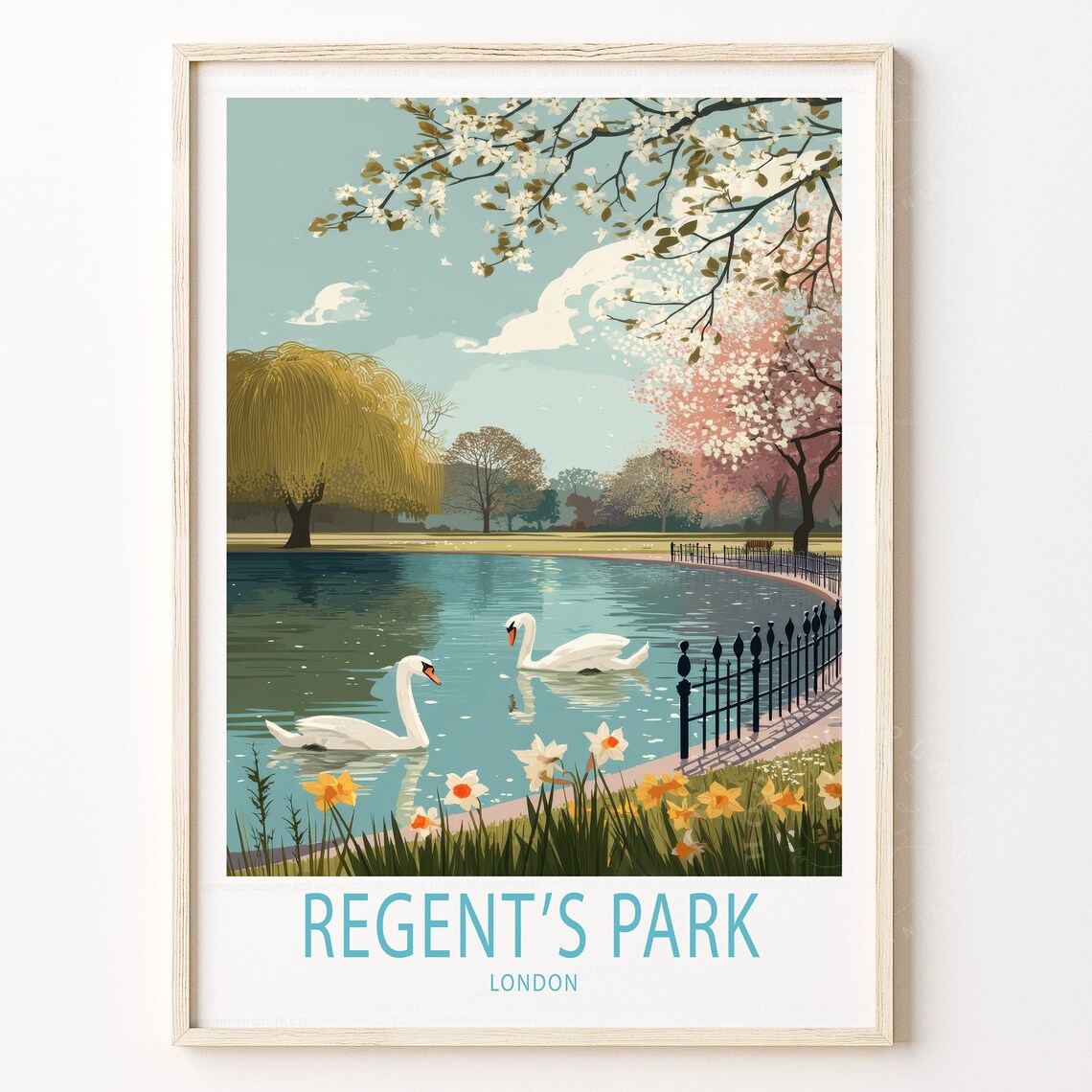 Regents Park London Swan Lake Vintage Illustrated Travel Poster