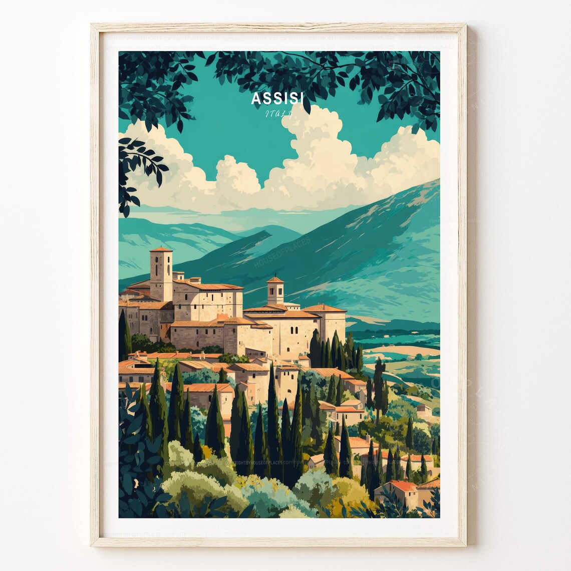 Assisi Italy Vintage Hilltop Town Poster Cypress Trees Mountains Scene