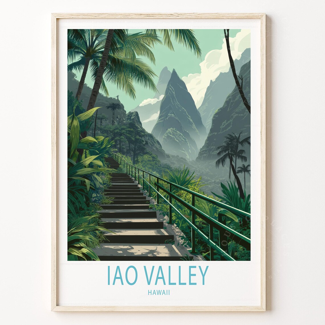 Iao Valley Hawaii Jungle Stairs Palm Trees Vintage Travel Poster