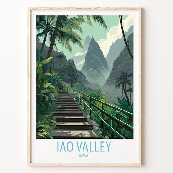Iao Valley Hawaii Jungle Stairs Palm Trees Vintage Travel Poster