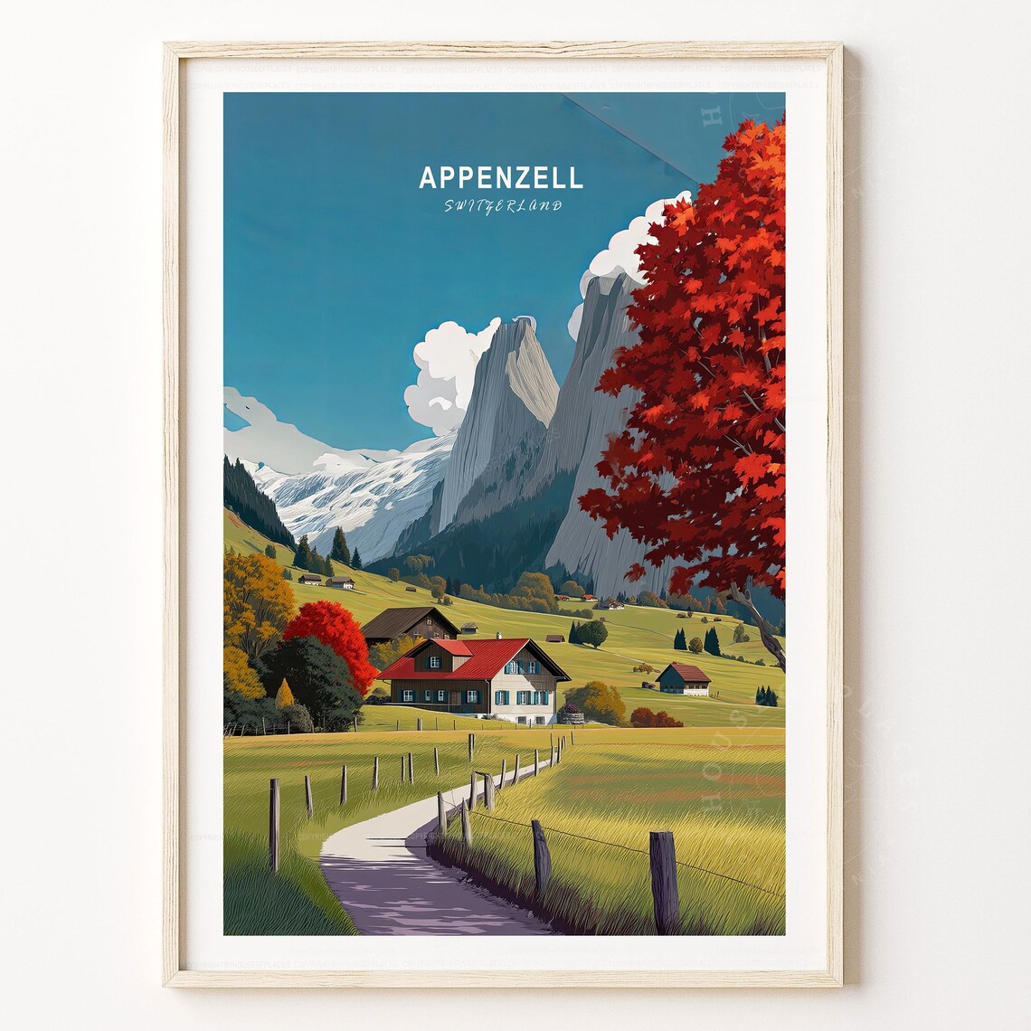 Appenzell Switzerland Alpine Chalet Valley Illustrated Travel Poster
