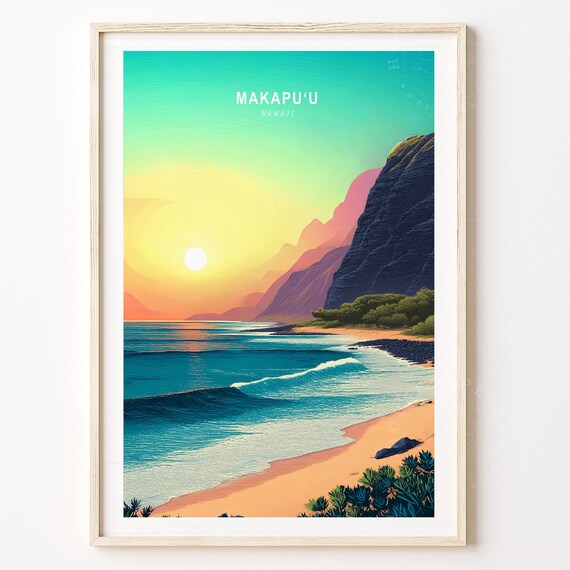 Makapuu Hawaii Minimalist Sunset Beach Art Deco Travel Poster