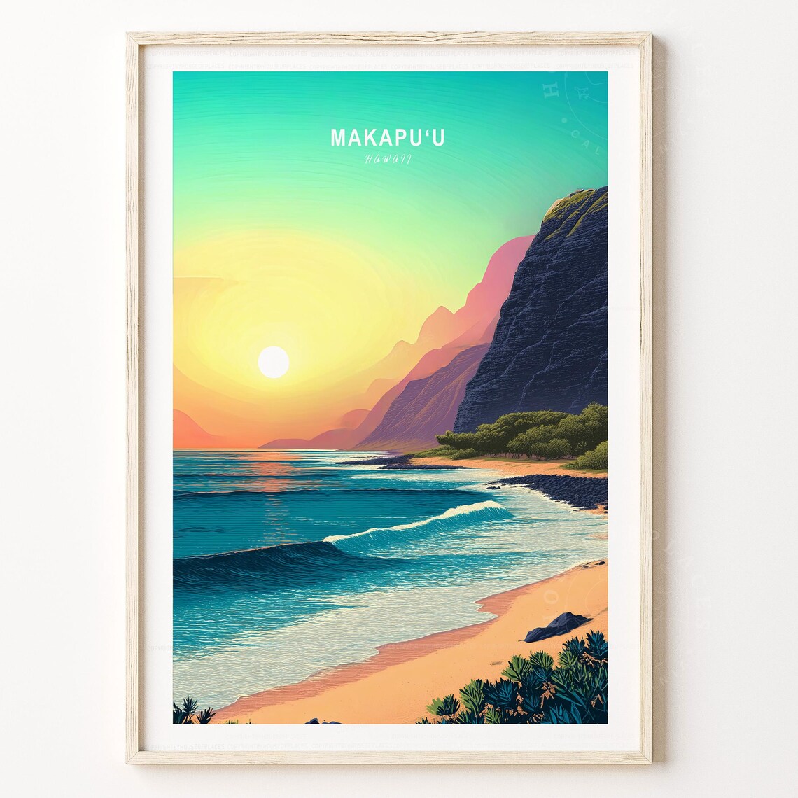 Makapuu Hawaii Minimalist Sunset Beach Art Deco Travel Poster