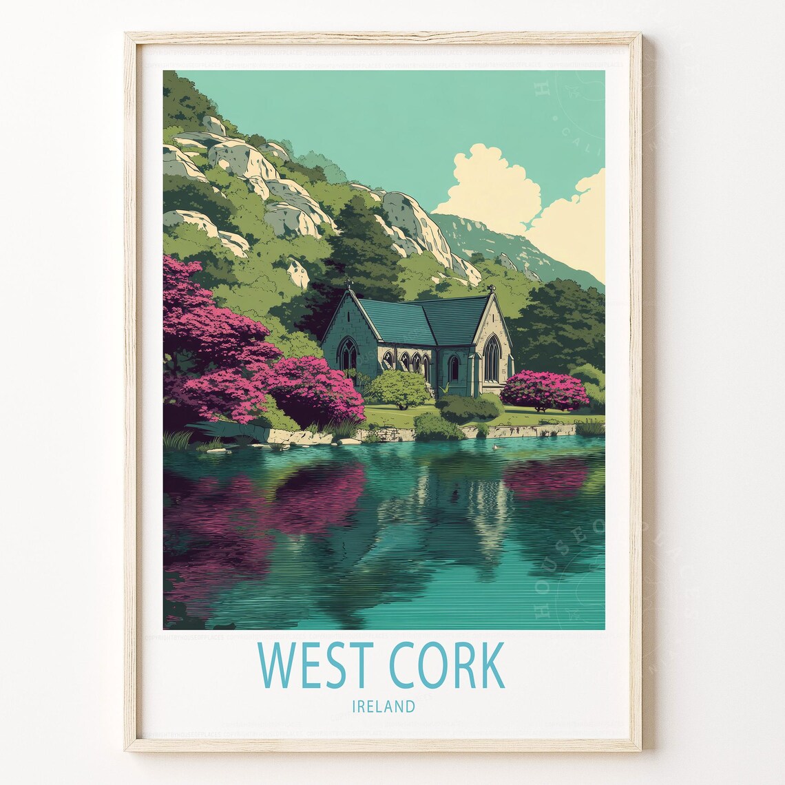 West Cork Ireland Travel Poster with Stone Church by the Lake at Dusk