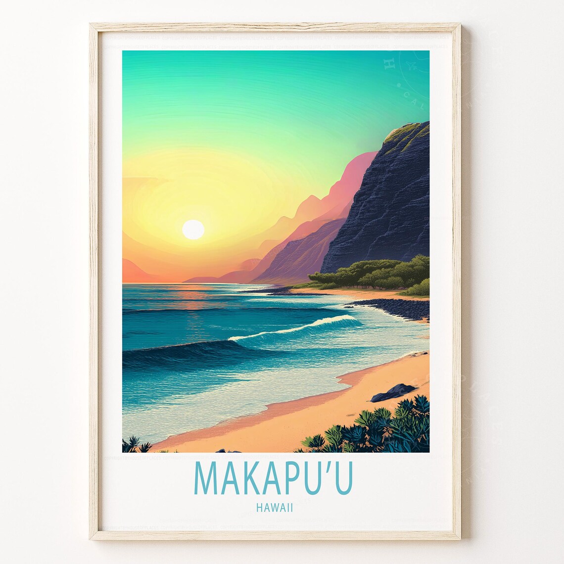 Makapuu Hawaii Sunset Beach Cliff Vintage Style Travel Poster