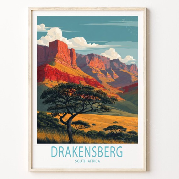 Drakensberg South Africa Red Mountain Cliffs Safari Travel Poster