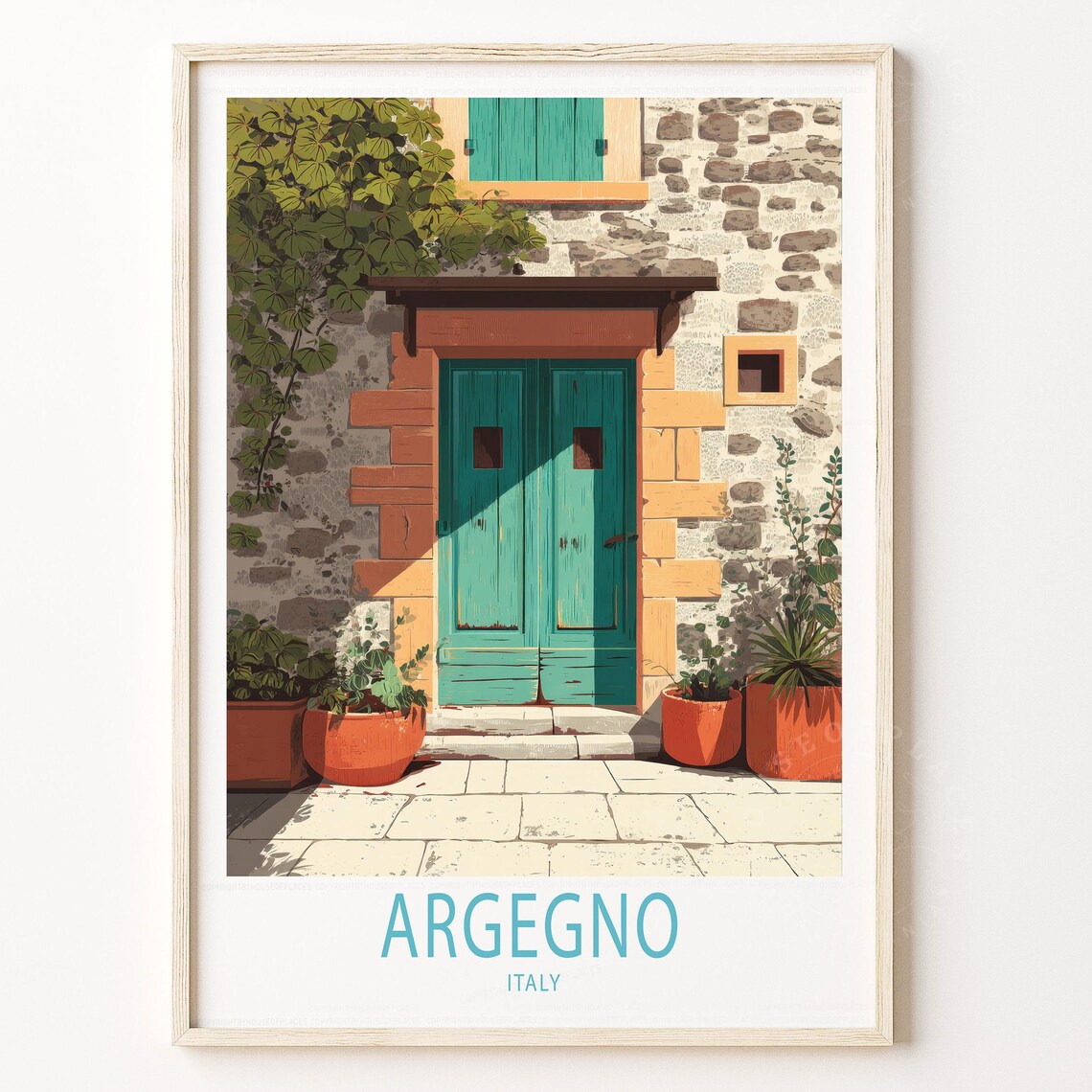 Argegno Italy Turquoise Door Stone House Scenic Travel Poster