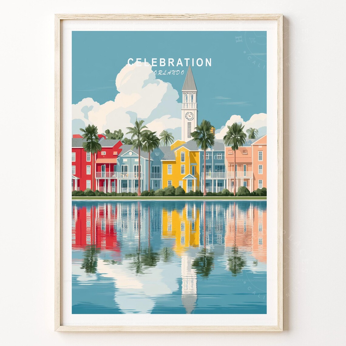 Celebration Orlando Florida Travel Poster Colorful Lakefront Clock Tower
