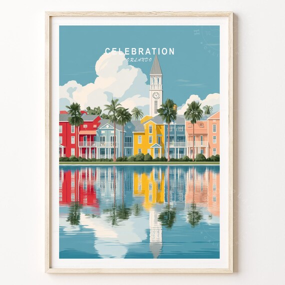 Celebration Orlando Florida Travel Poster Colorful Lakefront Clock Tower