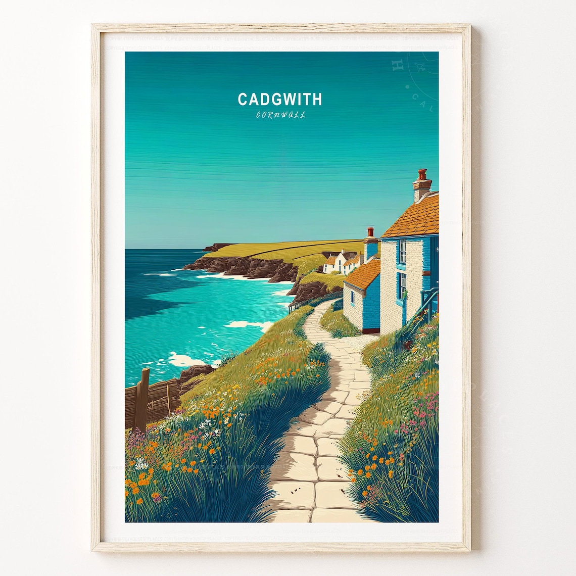 Cadgwith Cornwall Turquoise Sea Village Retro Travel Poster Art