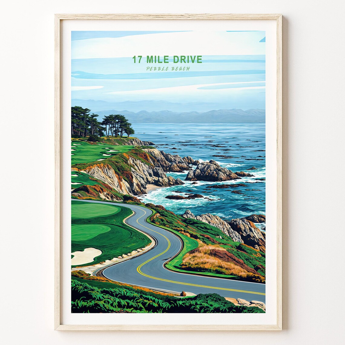17 Mile Drive Pebble Beach Travel Poster Ocean Road Green Title