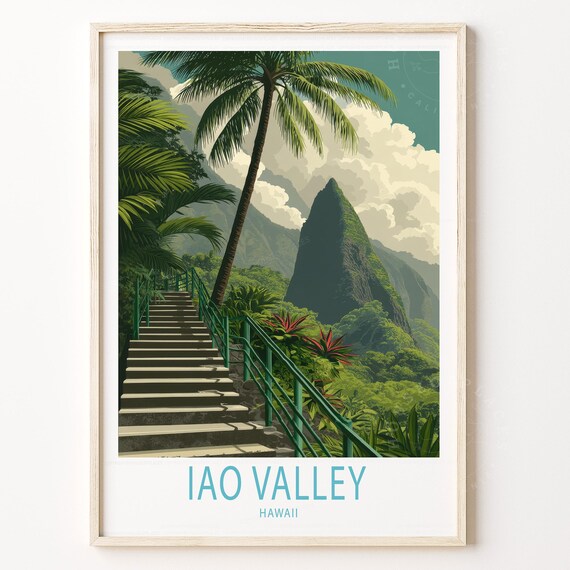 Iao Valley Hawaii Palm Tree Mountain Peak Tropical Travel Art Poster