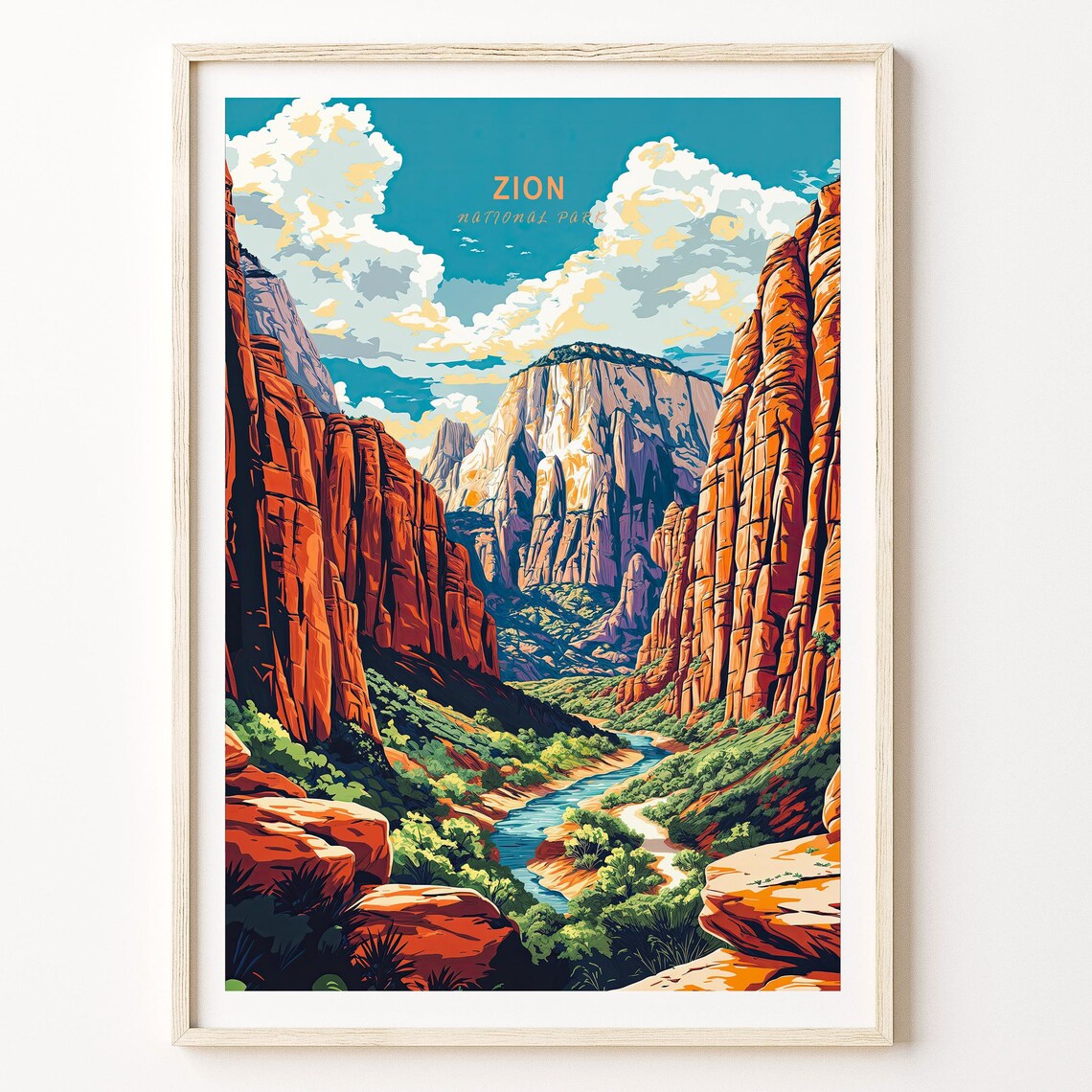 Zion National Park Red Rock Canyon River Retro Travel Poster Art