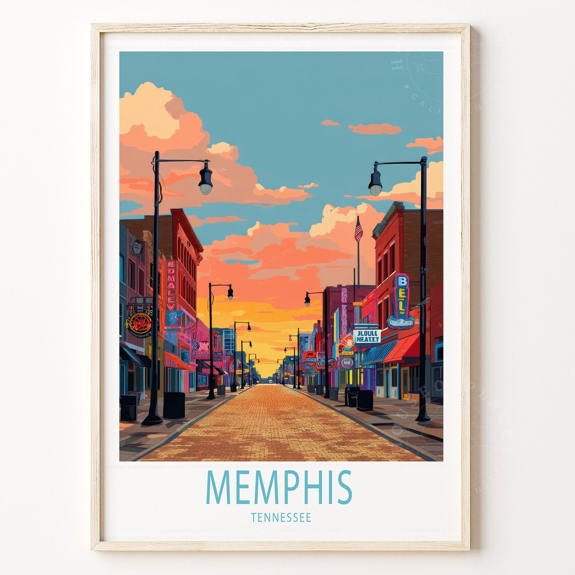 Memphis Tennessee Beale Street Sunset Neon Sign Retro Travel Poster