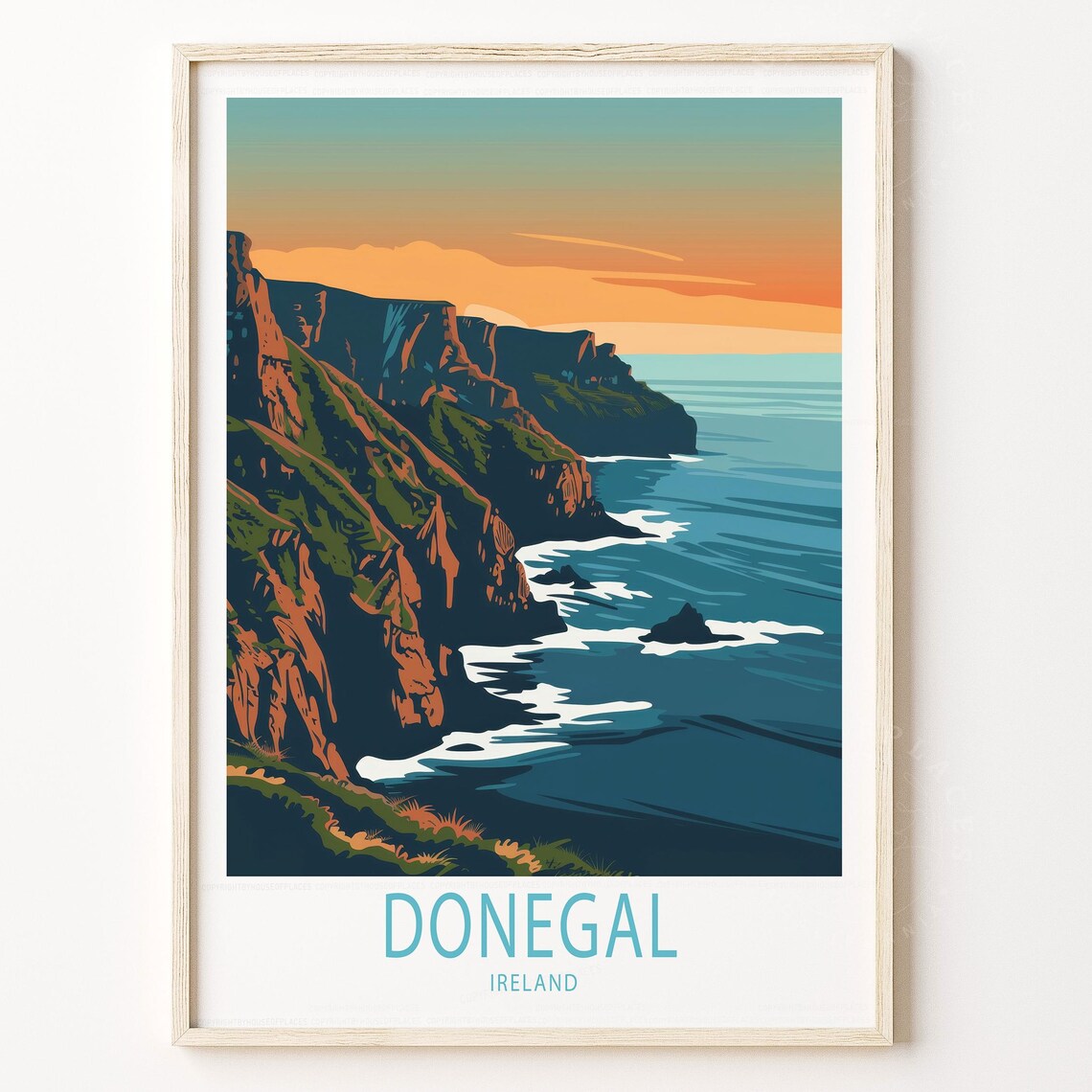 Donegal Ireland Sunset Sea Cliffs Vintage Style Coastal Travel Poster