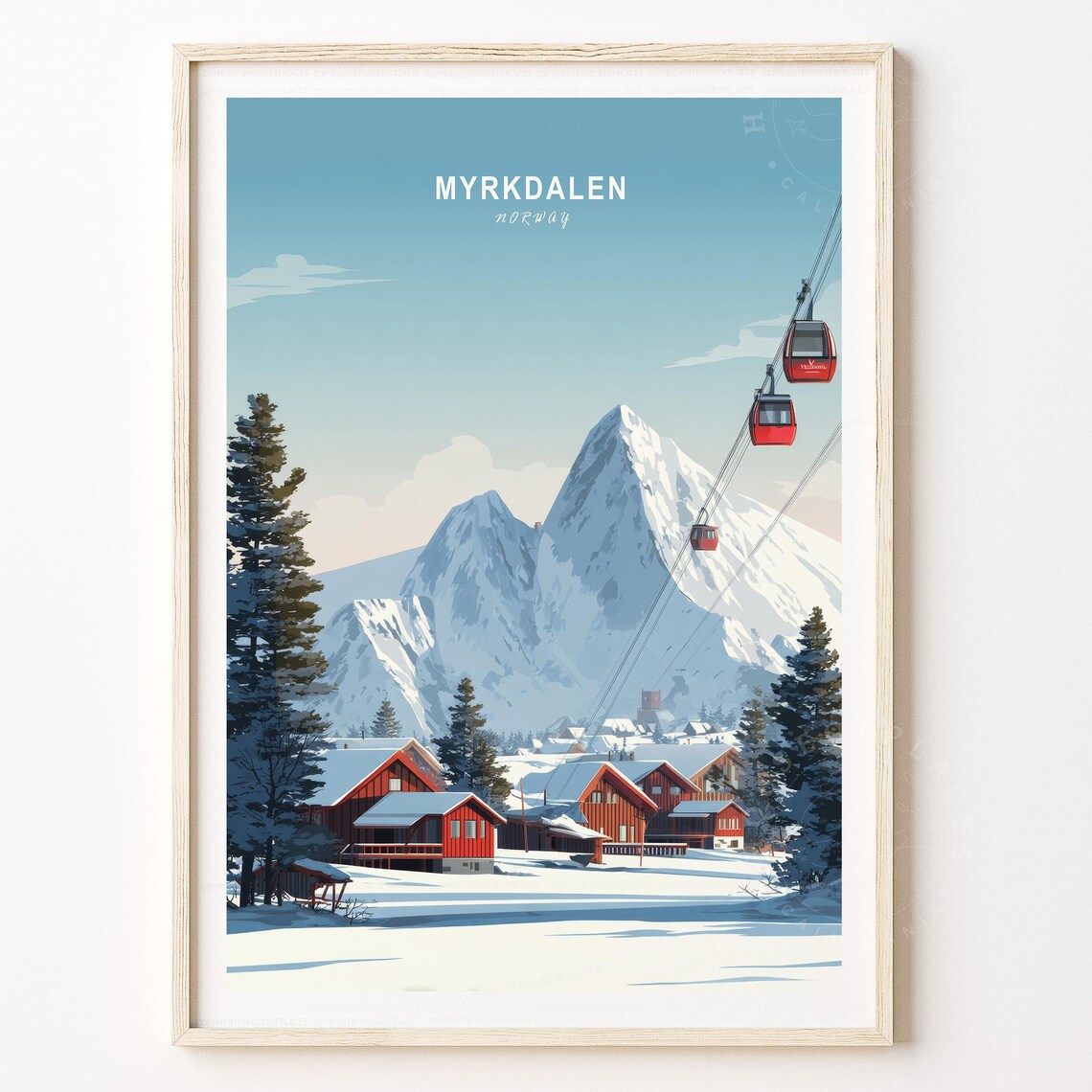 Myrkdalen Norway Travel Poster Ski Resort Gondola Mountains Decor