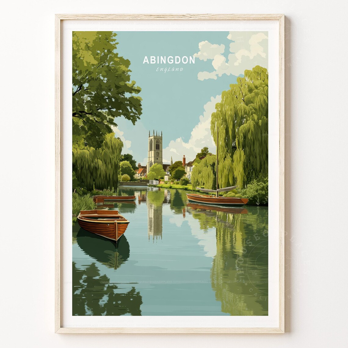 Abingdon England Minimalist Riverside Boats Church Travel Poster