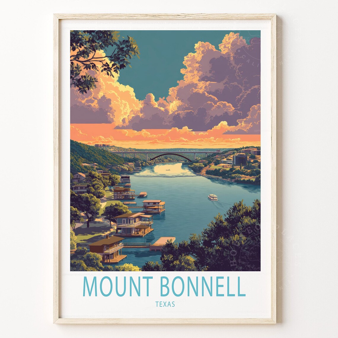 Mount Bonnell Texas River and Bridge Travel Poster at Golden Hour