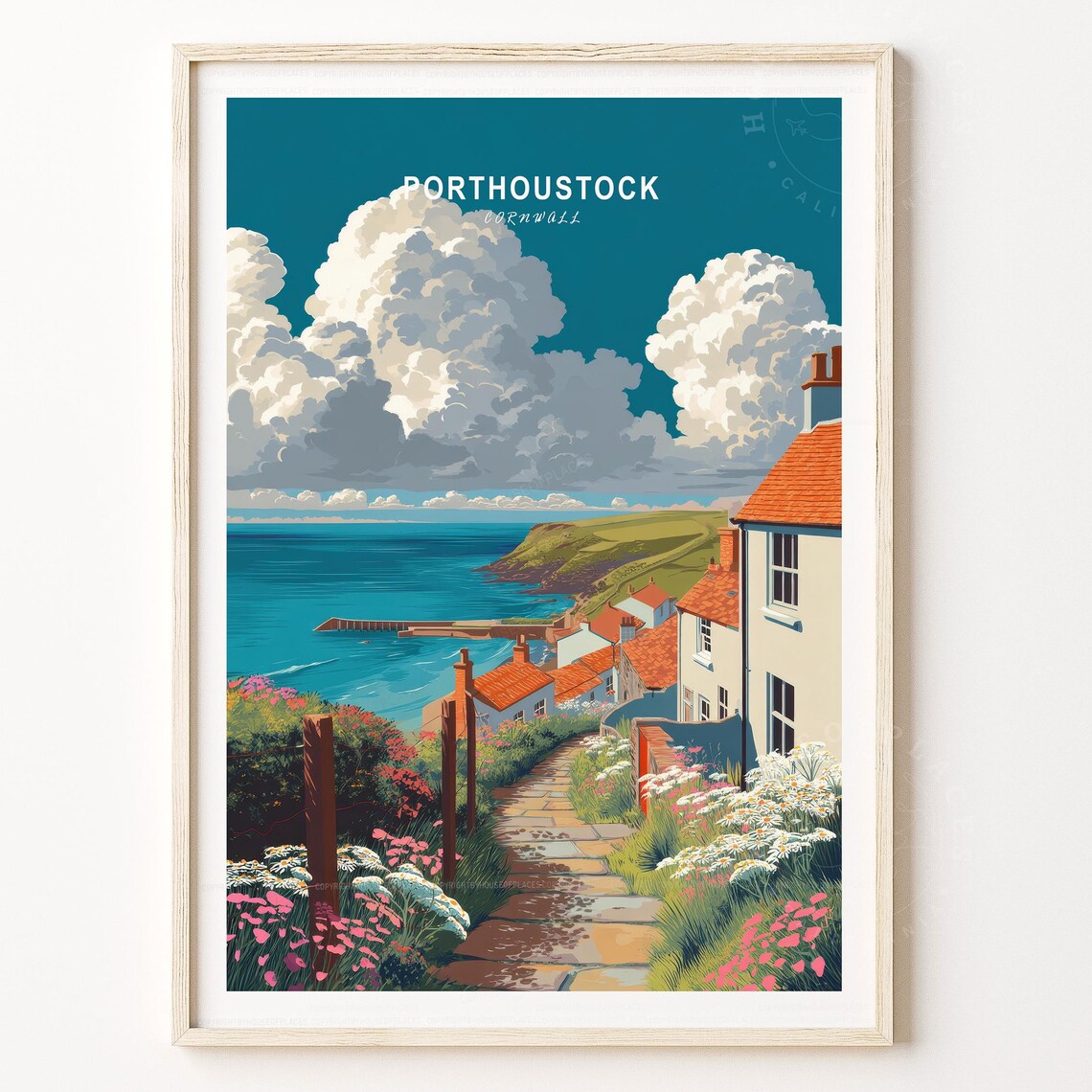 Porthoustock Cornwall Coastal Poster Harbor Village Flowers Sea View