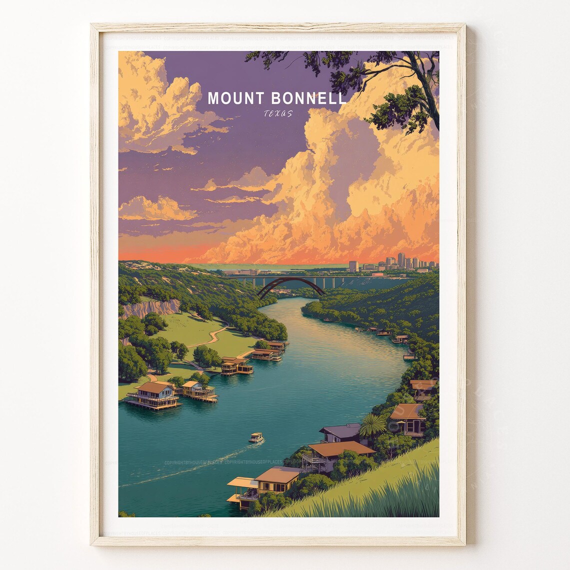 Mount Bonnell Texas Sunset Travel Poster with River and Bridge View