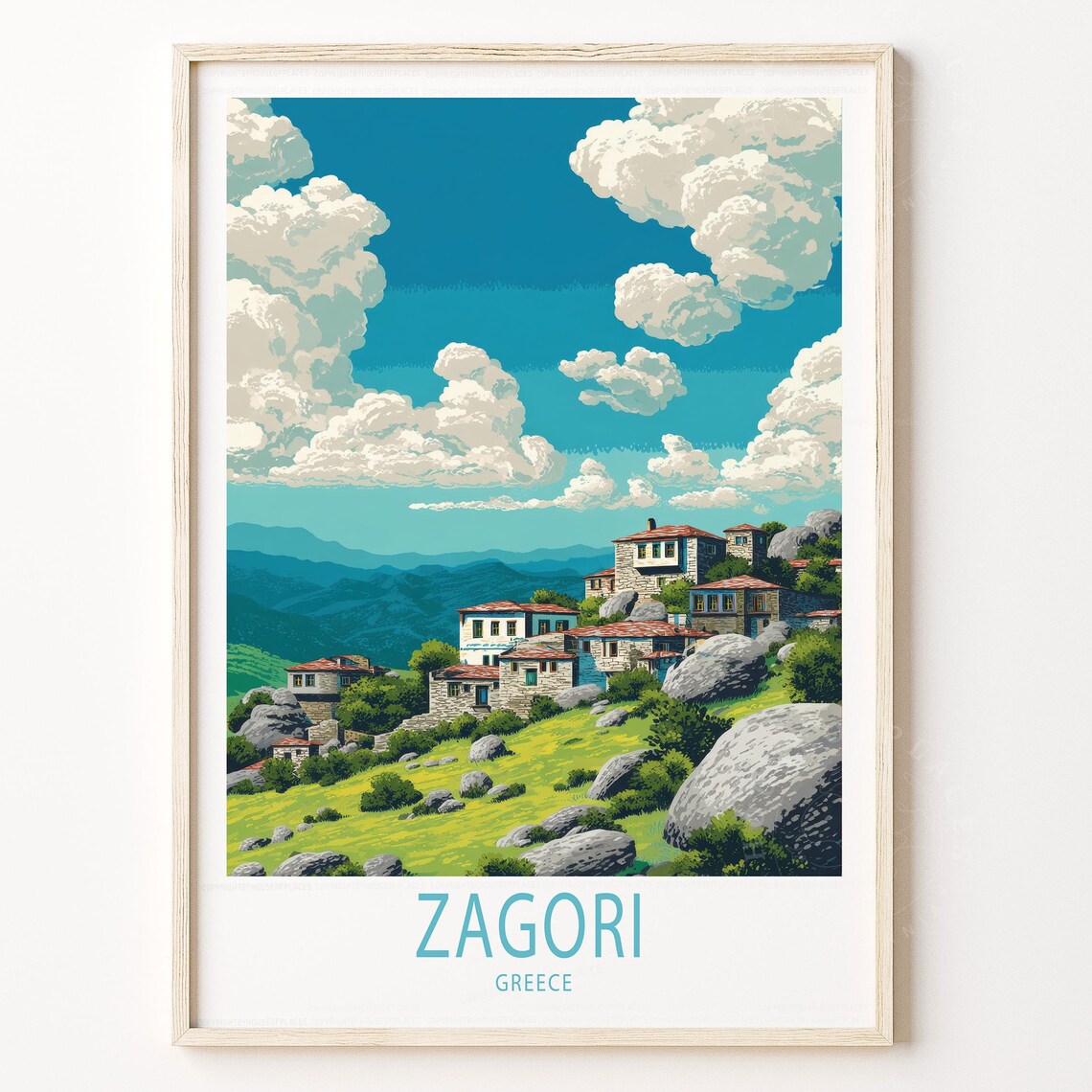 Zagori Greece Stone Village Mountain Landscape Retro Travel Poster
