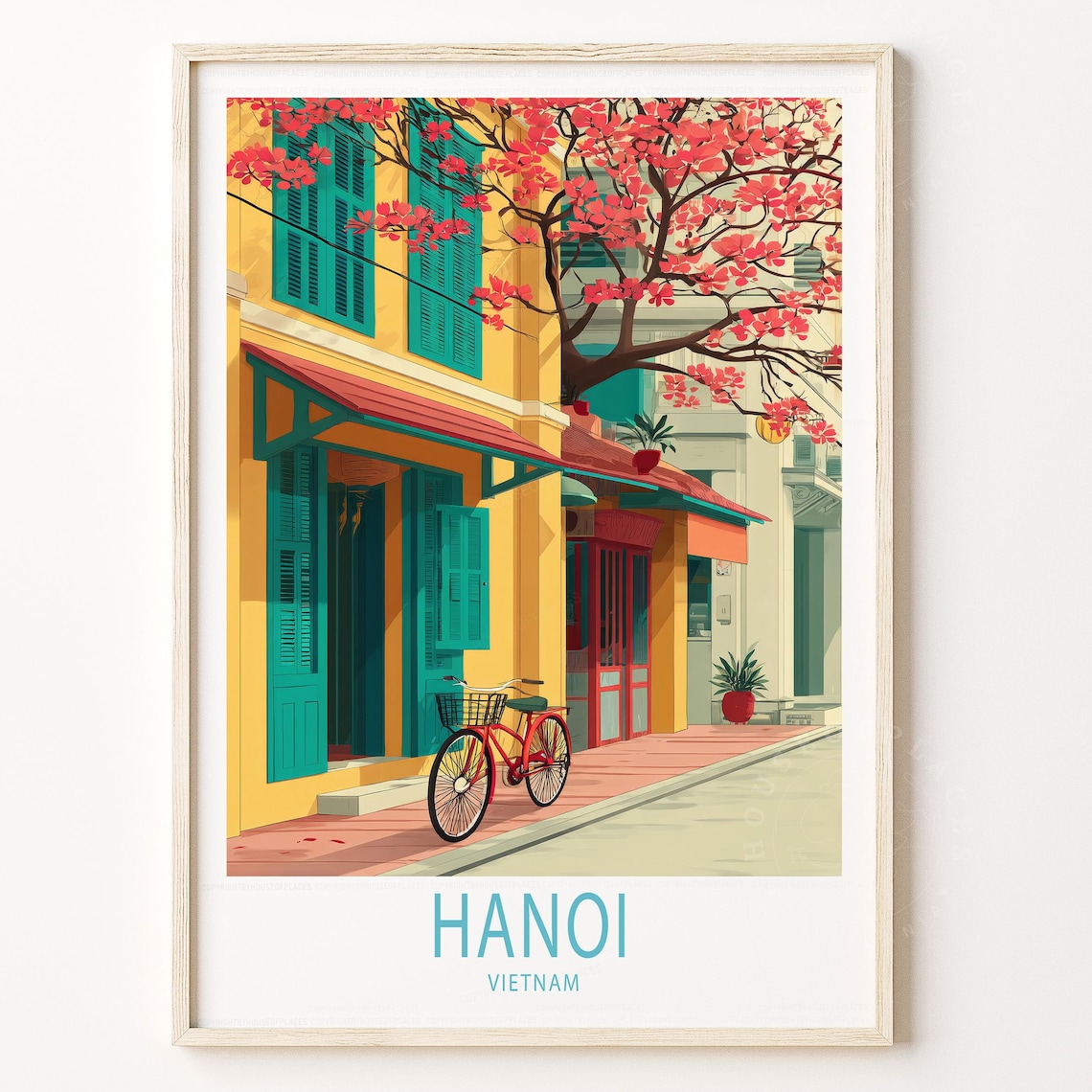 Hanoi Vietnam Old Quarter Shophouse Red Bicycle Travel Poster