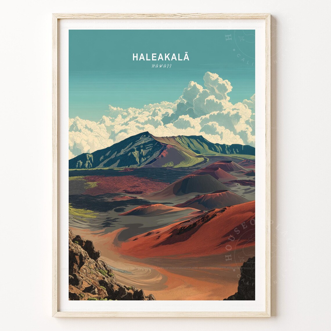 Haleakala Hawaii Travel Poster Volcanic Crater Retro National Park Art