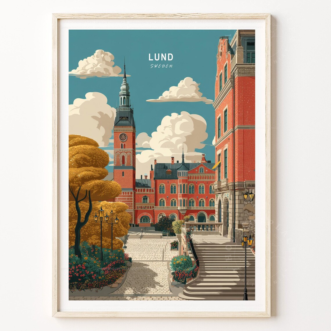Lund Sweden Retro Travel Poster Red Brick Clock Tower Courtyard Scene