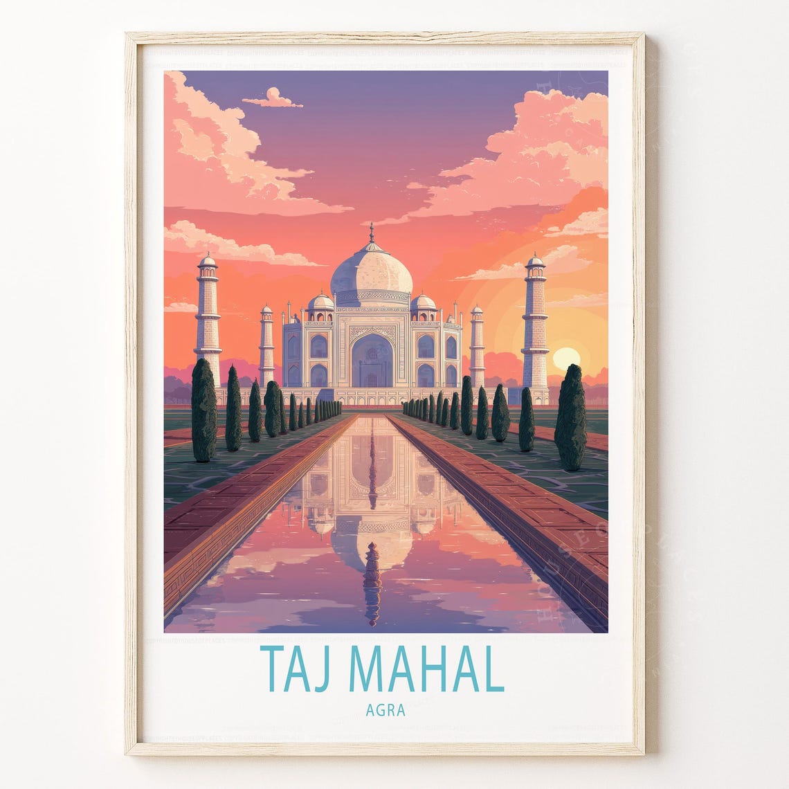 Taj Mahal Agra India Sunset Travel Poster Marble Palace Reflection