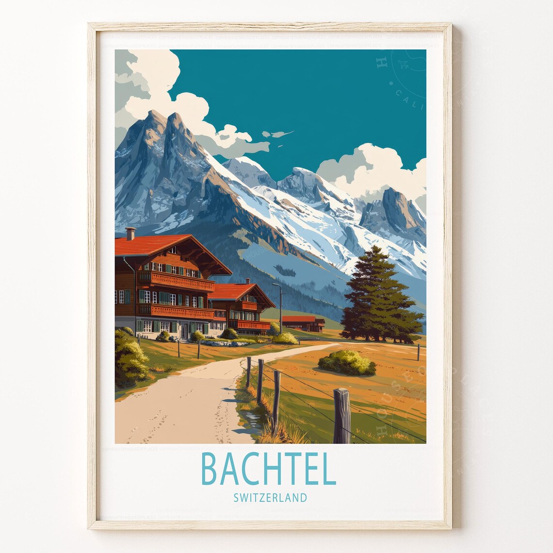 Bachtel Switzerland Alpine Chalets Vintage Travel Art Poster
