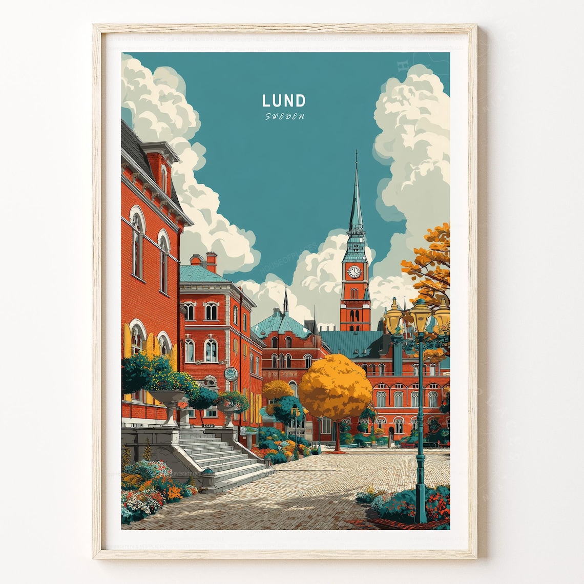 Lund Sweden Retro Travel Poster Brick Square Clock Tower Autumn Scene