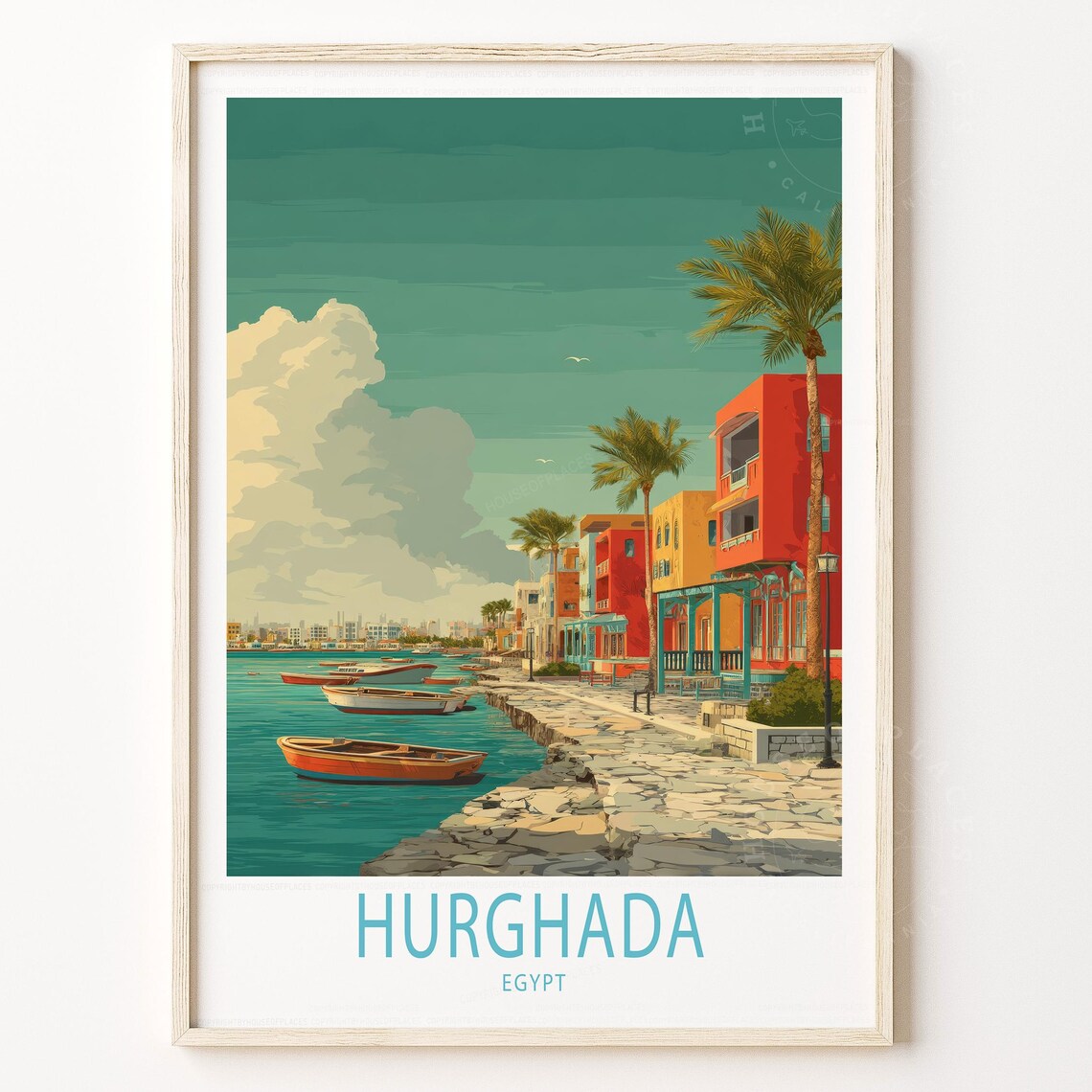 Hurghada Egypt Marina Waterfront Palm Trees Boats Travel Poster