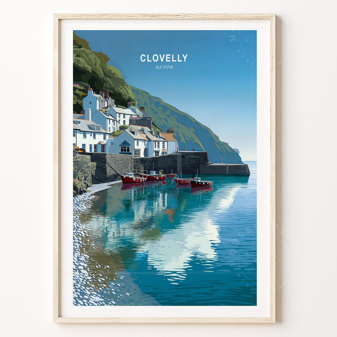 Clovelly Devon Harbor Village Vintage Travel Poster with Fishing Boats